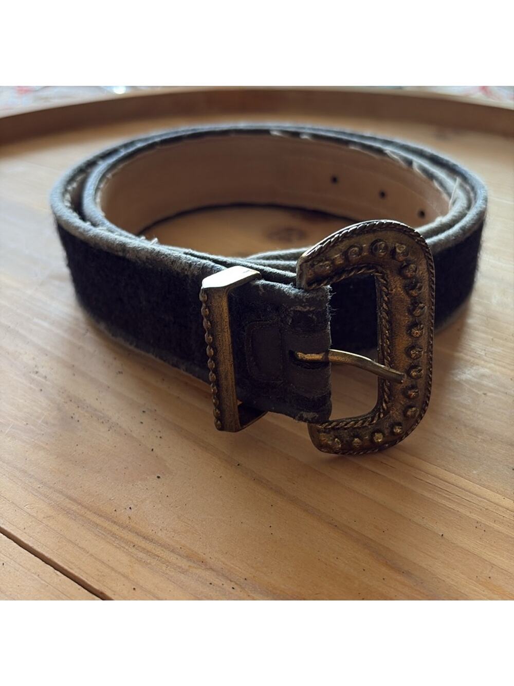 Alden Howard vintage black distressed fabric belt gray trim and buckle